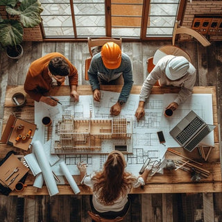 Team of professionals collaborating over blueprints on a construction site, showcasing the effectiveness of Design Build