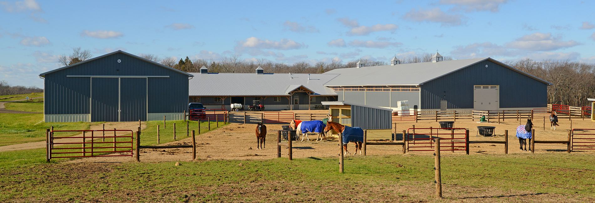 blue post frame equestrian building with horses in front